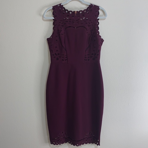 Ted Baker Frill Neck Bodycon Burgundy Dress Sz